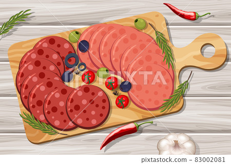 Platter of cold meats salami and pepperoni on the table background Platter of cold meats salami and pepperoni on the table background 83002081