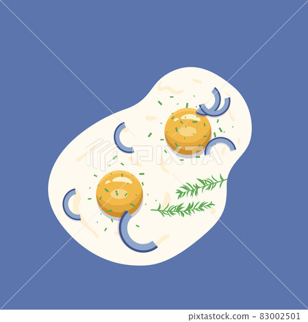 Fried eggs with onion and greens. Top view 83002501