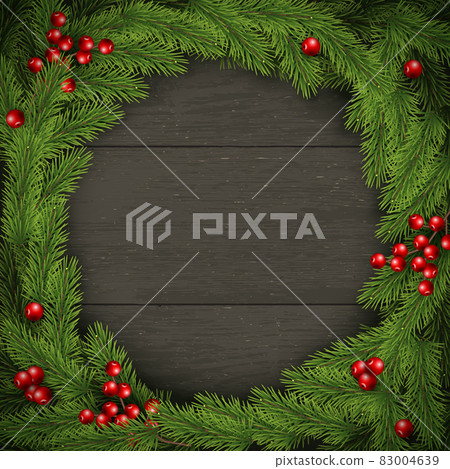 Christmas Wreath on Dark Wooden Background. For Greeting Card, Poster and Banner 83004639