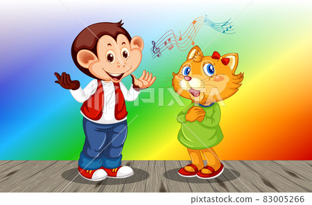 Monkey with cat cartoon character on rainbow gradient background Monkey with cat cartoon character on rainbow gradient background 83005266
