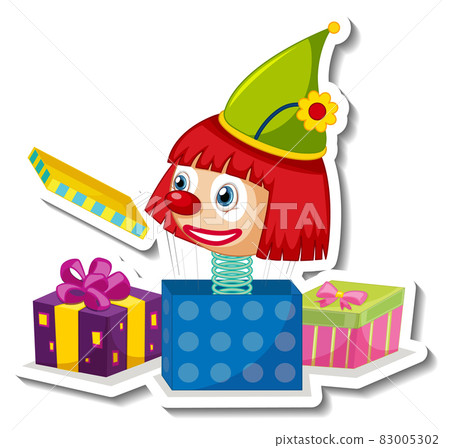 Sticker template with cute clown on a spring in the box Sticker template with cute clown on a spring in the box 83005302