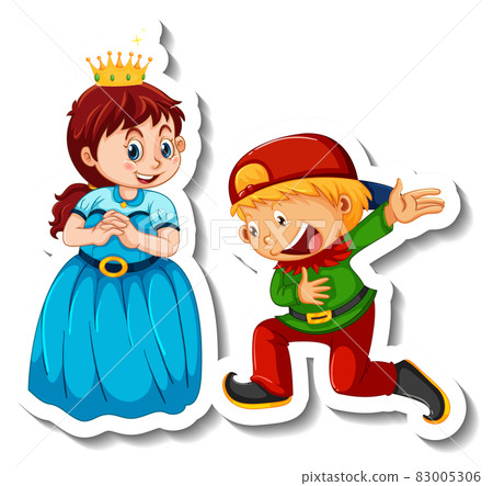 Sticker template with little princess and a boy cartoon character isolated Sticker template with little princess and a boy cartoon character isolated 83005306