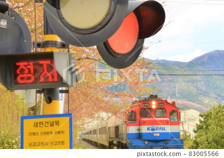 The train has arrived. Korean railroad crossing and spring The train has arrived. Korean railroad crossing and spring 83005566