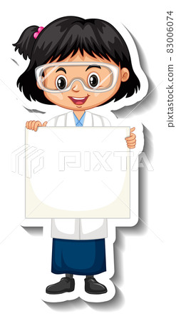 Scientist girl holding empty board cartoon character sticker Scientist girl holding empty board cartoon character sticker 83006074