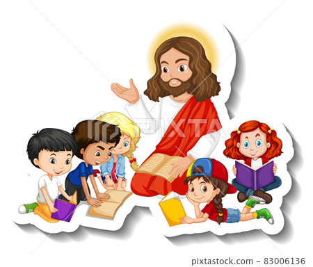 Jesus Christ with children group sticker on white background Jesus Christ with children group sticker on white background 83006136