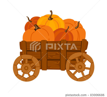 Wooden cart with pumpkins. Fall season, autumn farmers market. Harvest ripe gourd in wagon. 83006686