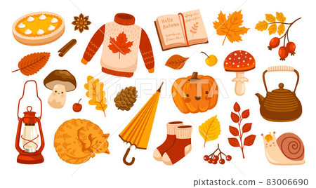 Set of autumn vector illustrations. Cozy sweater, foliage, pumpkin pie, red cat, kettle, red lantern, umbrella and mushroom. Set of autumn vector illustrations. Cozy sweater, foliage, pumpkin pie, red cat, kettle, red lantern, umbrella and mushroom. 83006690
