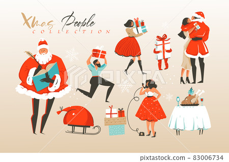 Hand drawn vector abstract Merry Christmas and Happy New Year cartoon illustrations greeting collection set with winter domestic lifestyle celebrating people characters isolated on white background 83006734