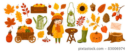 Set of autumn garden elements: cute girl, apples, pumpkins cart, kerosene lamp, foliage. 83006974