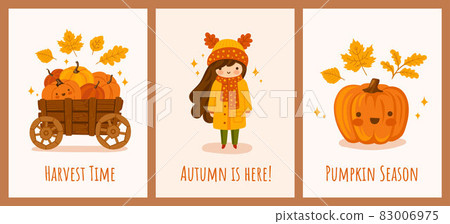 Harvest season kawaii postcard templates. Pumpkin cart, cute happy pumpkin and girl wearing hat with animal ears. 83006975
