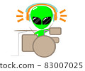 cute alien boy playing acoustic drums while listening music. vector illustration flat design. music concept. drummer isolated on white background 83007025