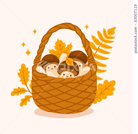Wicker basket with cute little mushrooms and fallen leaves. Boletus edulis. Funny kawaii cartoon characters in the forest, woodland. Wicker basket with cute little mushrooms and fallen leaves. Boletus edulis. Funny kawaii cartoon characters in the forest, woodland. 83007119