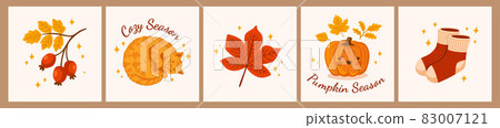 Autumn mood. Set of cute colored trendy vector illustrations. Hand drawn kawaii cozy fall elements. Sleeping red cat, maple leaf, warm socks, funny pumpkin and berry. Autumn mood. Set of cute colored trendy vector illustrations. Hand drawn kawaii cozy fall elements. Sleeping red cat, maple leaf, warm socks, funny pumpkin and berry. 83007121