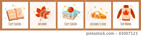 Open book, red autumn leaf, books, pumpkin pie and knitted sweater. Set of fall season cozy elements, cute seasonal prints, greeting cards, postcards. Open book, red autumn leaf, books, pumpkin pie and knitted sweater. Set of fall season cozy elements, cute seasonal prints, greeting cards, postcards. 83007123