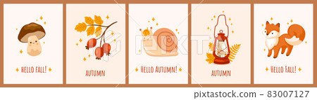 Cute mushroom, funny winking snail, kawaii fox, red vintage kerosene lamp and rose hip berries. Set of autumn and fall postcard templates. Cute mushroom, funny winking snail, kawaii fox, red vintage kerosene lamp and rose hip berries. Set of autumn and fall postcard templates. 83007127