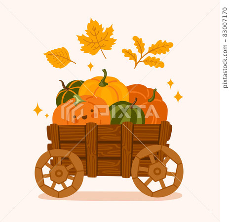 Cart with cute happy pumpkins. Fall season, autumn farmers market. 83007170