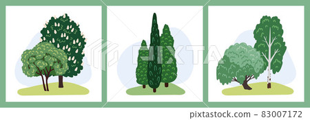 Set of green trees, bushes. Collection of deciduous and evergreen forest and park plants. 83007172