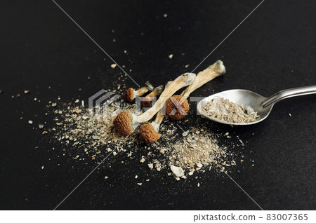 Microdosing concept. Dry psilocybin mushrooms on black background. Natural organic supplement. 83007365