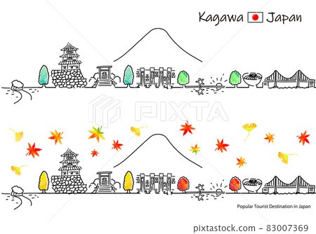 Cityscape simple line drawing set of sightseeing spots in Kagawa prefecture in autumn Cityscape simple line drawing set of sightseeing spots in Kagawa prefecture in autumn 83007369