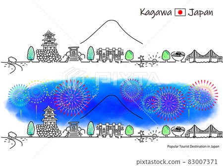 Simple line drawing set of fireworks and cityscape of sightseeing spots in Kagawa prefecture 83007371