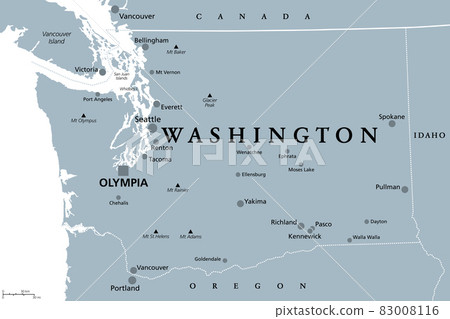 Washington, WA, gray political map, with capital Olympia. State in the Pacific Northwest region of the Western United States of America. State of Washington, with nickname The Evergreen State. Vector. Washington, WA, gray political map, with capital Olympia. State in the Pacific Northwest region of the Western United States of America. State of Washington, with nickname The Evergreen State. Vector. 83008116