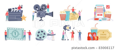 Flat tiny characters recording, making and watching movies. Film director, shooting crew, people at cinema. Movie production team vector set 83008117