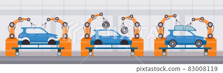 Industry robot arm assemble cars on conveyor belt. Automobile factory automated manufacture. Flat machine construction line vector concept 83008119