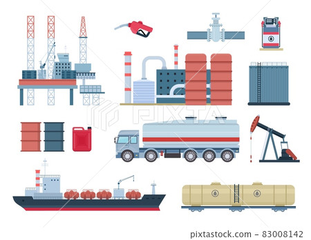 Oil industry and gas production elements, refinery and drilling platform. Fuel transportation, tank truck and ship. Petroleum rig vector set 83008142