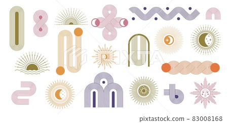 Abstract minimalist arch and geometric lines, sun and moon. Modern rainbow shapes. Boho style, contemporary aesthetic graphic art vector set 83008168