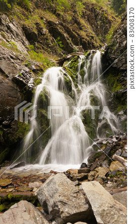Splashes from the waterfall fall on rocks, logs. 83008170