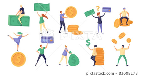 Tiny characters hold money bill, coin and salary. Cartoon rich people with currency. Finance debts, savings and investing concept vector set 83008178