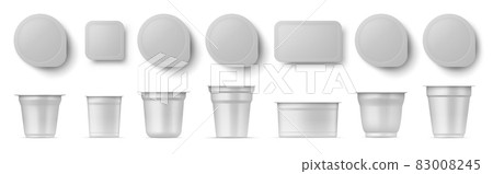 Realistic yogurt cup packages side and top view mockup. Dairy product, sour cream, dessert plastic pack with lid. Food container vector set 83008245