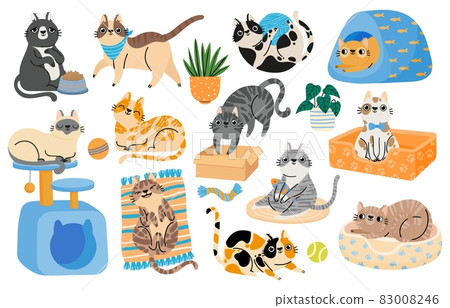 Cartoon cats playing with toys, relaxing and sleeping in bed. Hapy pet kitten characters in funny poses. Cute tabby cat stickers vector set 83008246