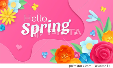 Hello spring banner with paper cut flower, leaf and butterflies. Frame template with floral decoration. Spring greeting card vector design 83008317