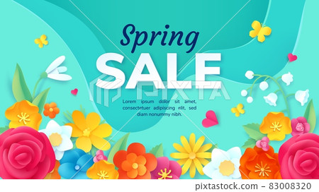 Spring sale promotion banner with paper cut flowers. Poster with 3d origami floral decoration. Fashion product discount offer vector design 83008320