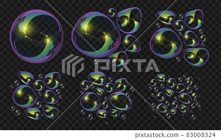 Realistic 3d soap bubbles and blobs break deformation. Glossy spheres with reflection. Transparent bath foam water bubble blowing vector set Realistic 3d soap bubbles and blobs break deformation. Glossy spheres with reflection. Transparent bath foam water bubble blowing vector set 83008324