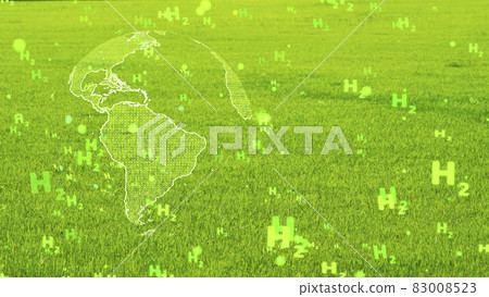 global digital and america continent with bubbles green H2 text particles flying on green grass background global digital and america continent with bubbles green H2 text particles flying on green grass background 83008523