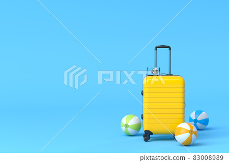 Suitcase with beach ball and flip flops on blue background. 3D render of summer vacation concept and holidays 83008989