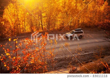 Mitsubishi Pajero on scenic autumn road in taiga 83011118
