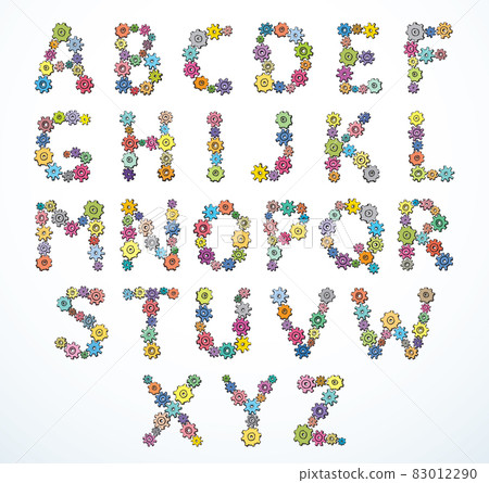 Vector alphabet of cheerful caricature hand-drawn characters consisting of spinning gears 83012290