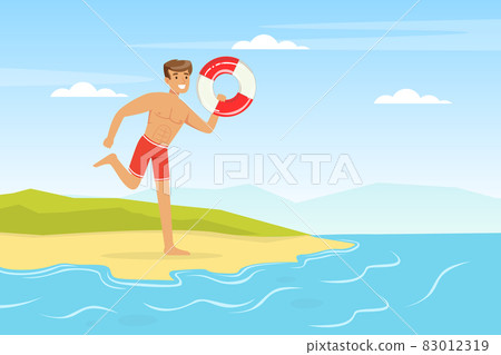 Young Man Lifeguard Running with Lifebuoy Supervising Safety Vector Illustration Young Man Lifeguard Running with Lifebuoy Supervising Safety Vector Illustration 83012319