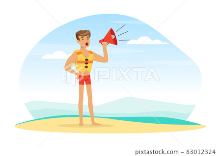 Young Man Lifeguard in Sea Vest Shouting in Megaphone Supervising Safety Vector Illustration 83012324