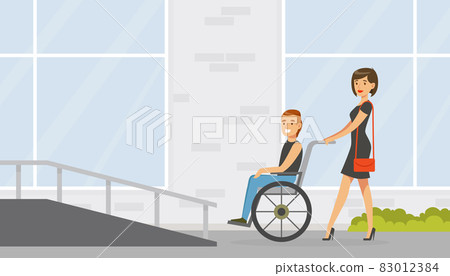 Smiling Woman Pushing Wheelchair with Disabled Man Up the Ramp Vector Illustration Smiling Woman Pushing Wheelchair with Disabled Man Up the Ramp Vector Illustration 83012384