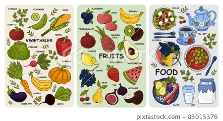 Food, vegetables and fruits. Drawings for poster, card or background. Vegetarian diet food with vitamins. Vector illustration EPS10 Food, vegetables and fruits. Drawings for poster, card or background. Vegetarian diet food with vitamins. Vector illustration EPS10 83015376