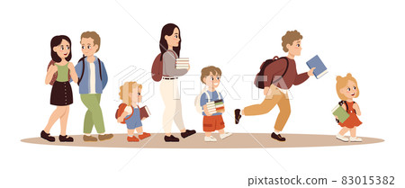 Set of cute children with backpack or bag going to elementary or middle school vector flat illustration. Collection of funny pupils or students isolated on white. Kids friends or classmates Set of cute children with backpack or bag going to elementary or middle school vector flat illustration. Collection of funny pupils or students isolated on white. Kids friends or classmates 83015382
