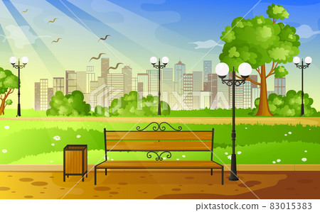 City summer park with green trees bench, walkway and lantern. Bench with tree and lantern in the Park. City summer park with green trees bench, walkway and lantern. Bench with tree and lantern in the Park. 83015383