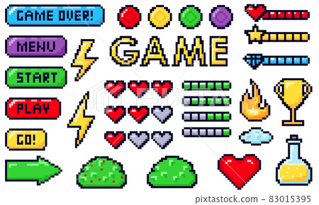Pixel game buttons. Games UI, gaming controller arrows and 8 bit pixels button.Pixel game elements set. Vintage computer video arcades. 83015395