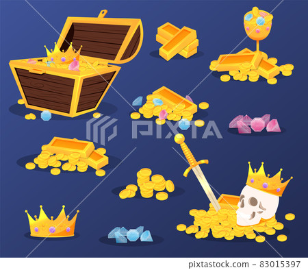 Casino and Game cartoon 3d money icons. Gold coins in moneybags and chests. Treasure chest Casino and Game cartoon 3d money icons. Gold coins in moneybags and chests. Treasure chest 83015397
