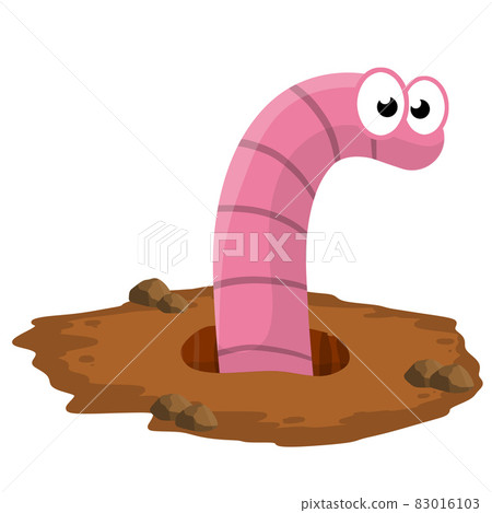 Worm in hole. Cute little character. Brown landscape. 83016103