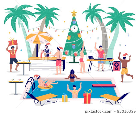 Tropic Christmas pool party. People in Santa hats swimming, drinking beer, dancing. Tropical winter vacation, vector. 83016359